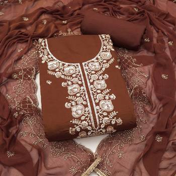 brown unstitched thread embroidery handwork with embroidered dupatta silk blend dress material 1