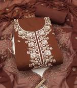 brown unstitched thread embroidery handwork with embroidered dupatta silk blend dress material
