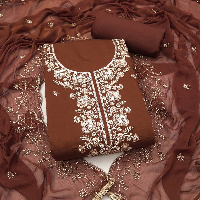 brown unstitched thread embroidery handwork with embroidered dupatta silk blend dress material