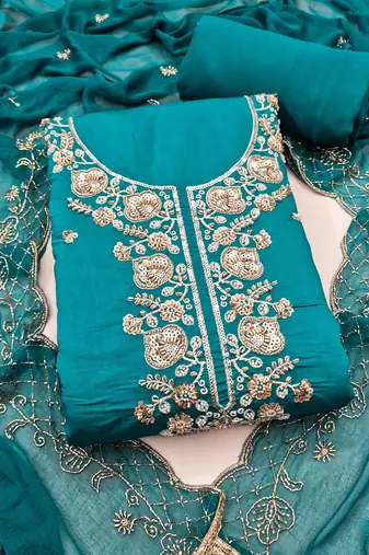 teal blue unstitched thread embroidery handwork with embroidered dupatta silk blend dress material