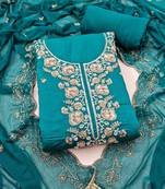 teal blue unstitched thread embroidery handwork with embroidered dupatta silk blend dress material