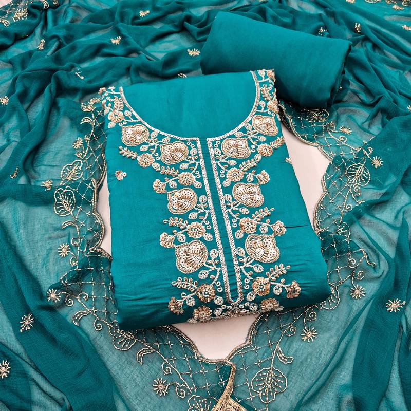 teal blue unstitched thread embroidery handwork with embroidered dupatta silk blend dress material