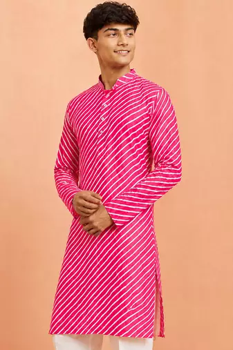 Boy's pink cotton striped knee length kurta