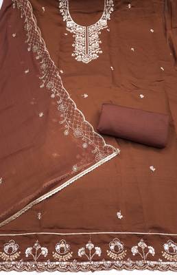 brown unstitched thread embroidery handwork with embroidered dupatta silk blend dress material 2