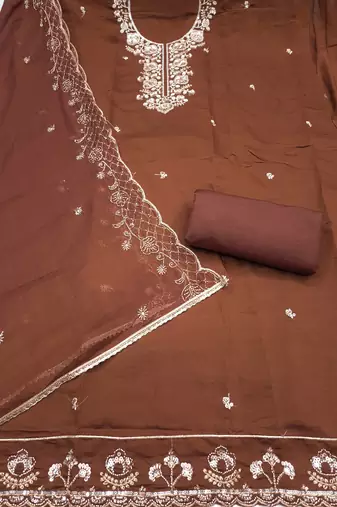 brown unstitched thread embroidery handwork with embroidered dupatta silk blend dress material