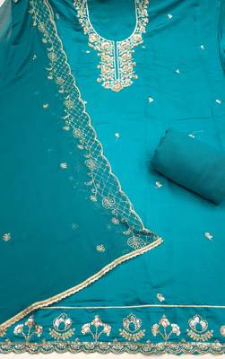 teal blue unstitched thread embroidery handwork with embroidered dupatta silk blend dress material 2