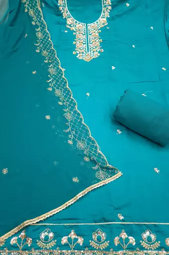 teal blue unstitched thread embroidery handwork with embroidered dupatta silk blend dress material