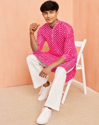 Boy's pink cotton striped knee length kurta 5