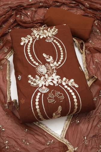 brown unstitched thread embroidery handwork with embroidered dupatta silk blend dress material