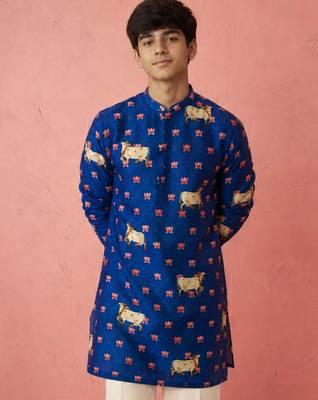 Boy's blue rayon digital print knee length kurta 1