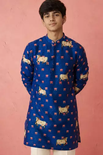 Boy's blue rayon digital print knee length kurta