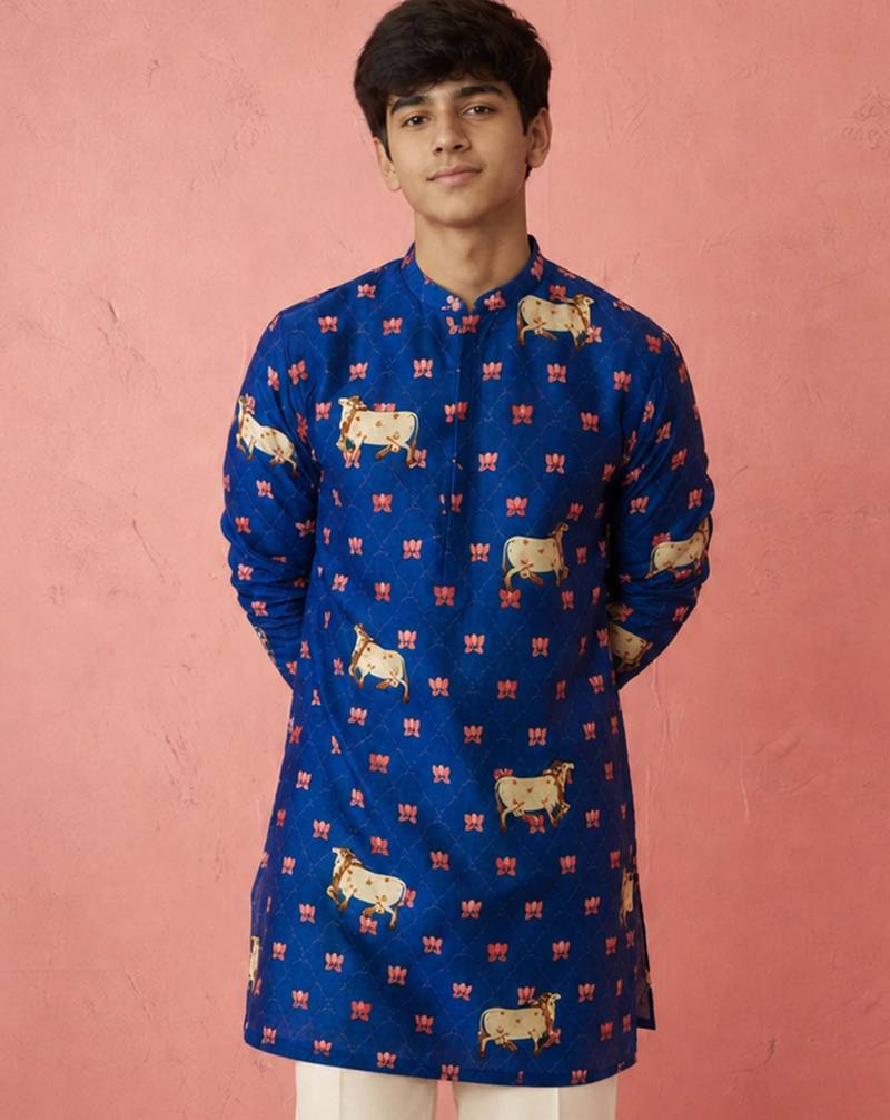 Boy's blue rayon digital print knee length kurta