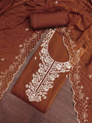 brown unstitched thread embroidery handwork with embroidered dupatta silk blend dress material 4
