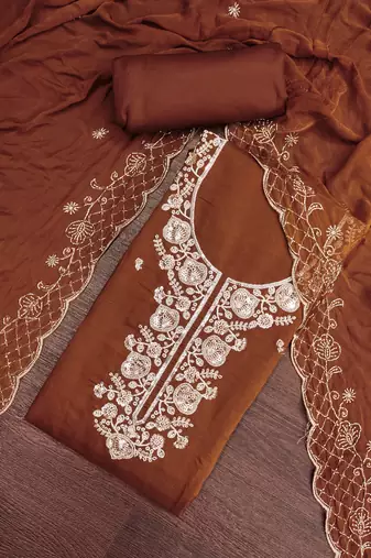 brown unstitched thread embroidery handwork with embroidered dupatta silk blend dress material
