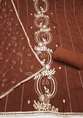 brown unstitched thread embroidery handwork with embroidered dupatta silk blend dress material 2
