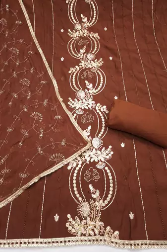 brown unstitched thread embroidery handwork with embroidered dupatta silk blend dress material