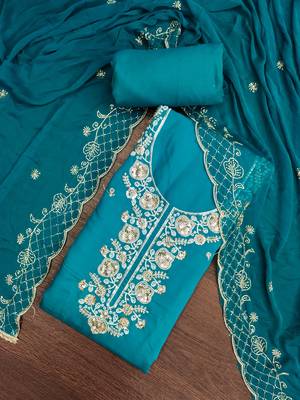 teal blue unstitched thread embroidery handwork with embroidered dupatta silk blend dress material 4