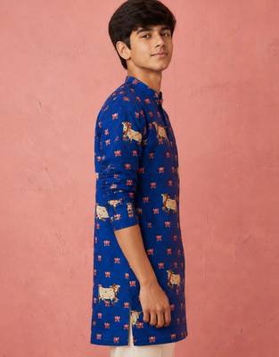 Boy's blue rayon digital print knee length kurta 3