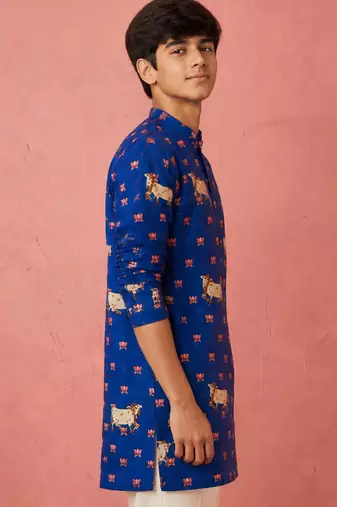Boy's blue rayon digital print knee length kurta