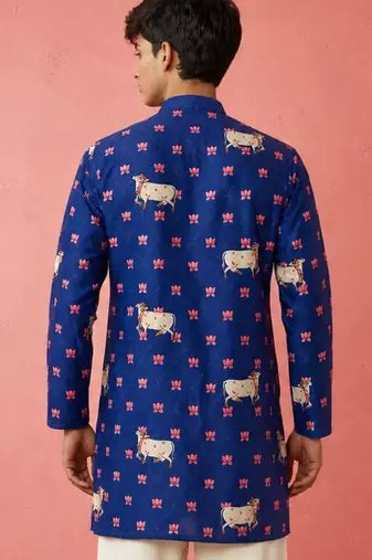 Boy's blue rayon digital print knee length kurta