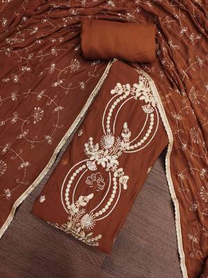 brown unstitched thread embroidery handwork with embroidered dupatta silk blend dress material 4