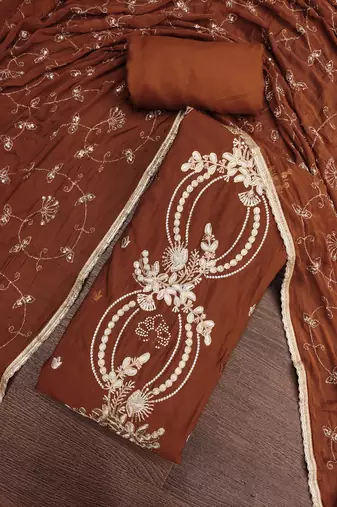 brown unstitched thread embroidery handwork with embroidered dupatta silk blend dress material