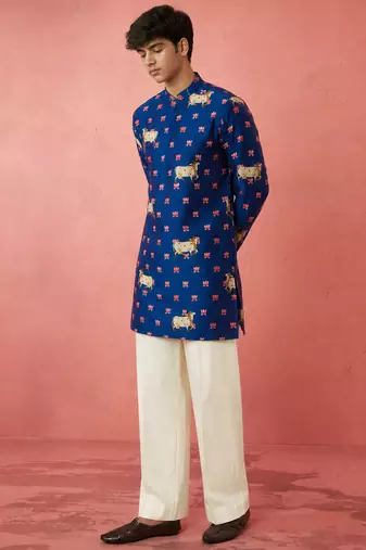 Boy's blue rayon digital print knee length kurta