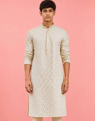 Boy's off-white rayon embroidered knee length kurta 1