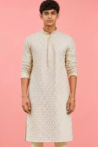 Boy's off-white rayon embroidered knee length kurta