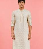 Boy's off-white rayon embroidered knee length kurta