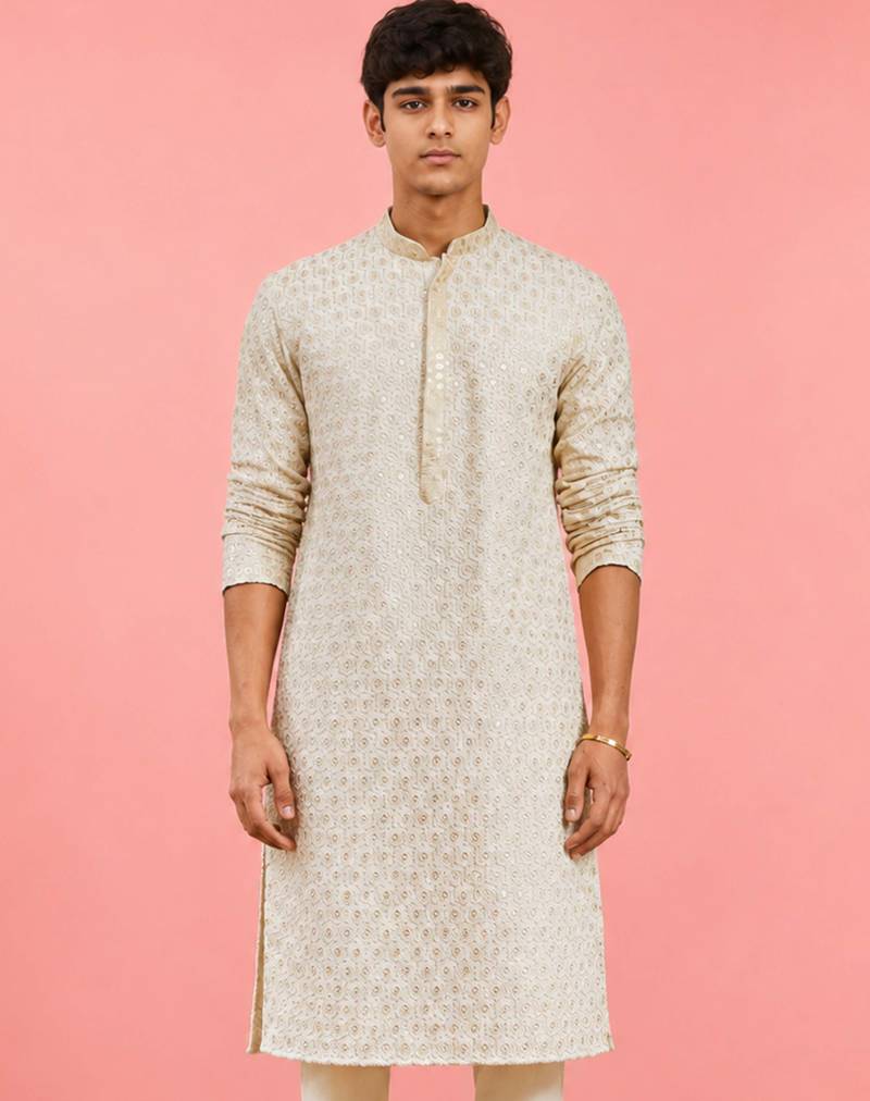 Boy's off-white rayon embroidered knee length kurta