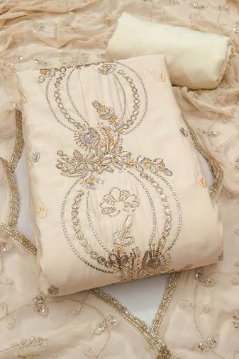 white unstitched thread embroidery handwork with embroidered dupatta silk blend dress material