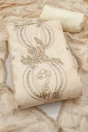 white unstitched thread embroidery handwork with embroidered dupatta silk blend dress material