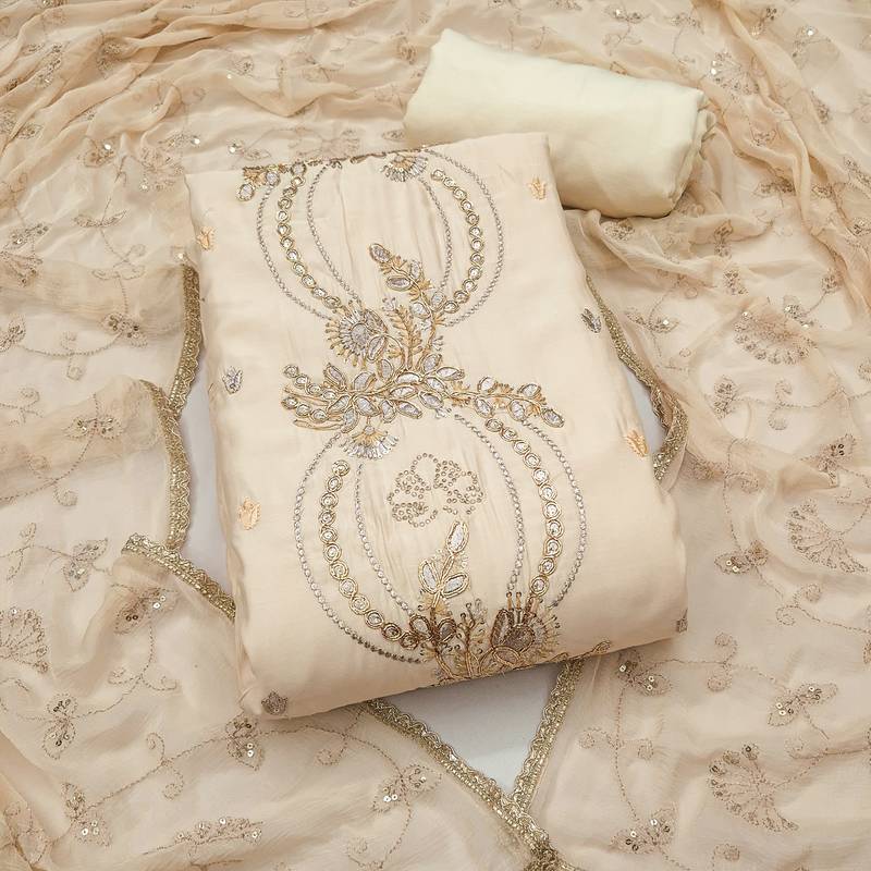 white unstitched thread embroidery handwork with embroidered dupatta silk blend dress material