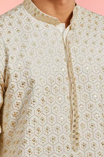Boy's off-white rayon embroidered knee length kurta
