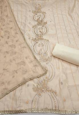 white unstitched thread embroidery handwork with embroidered dupatta silk blend dress material 2