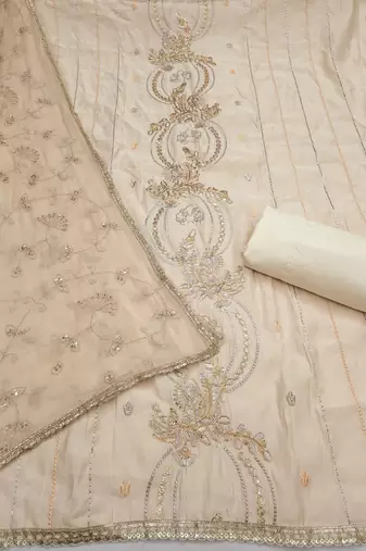 white unstitched thread embroidery handwork with embroidered dupatta silk blend dress material