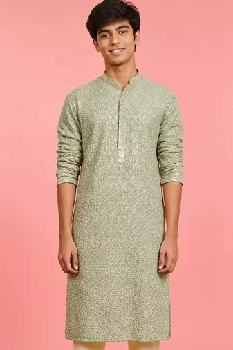 Boy's light green rayon embroidered knee length kurta