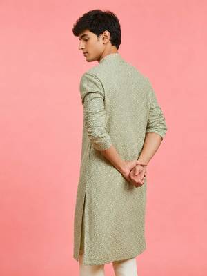 Boy's off-white rayon embroidered knee length kurta 4