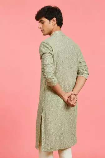 Boy's off-white rayon embroidered knee length kurta