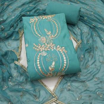 sea green unstitched thread embroidery handwork with embroidered dupatta silk blend dress material 1