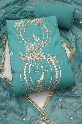 sea green unstitched thread embroidery handwork with embroidered dupatta silk blend dress material