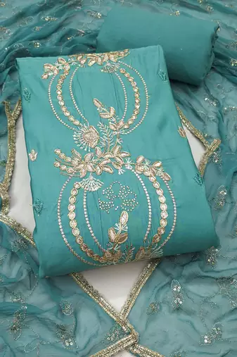 sea green unstitched thread embroidery handwork with embroidered dupatta silk blend dress material