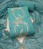 sea green unstitched thread embroidery handwork with embroidered dupatta silk blend dress material