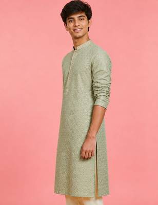 Boy's light green rayon embroidered knee length kurta 3