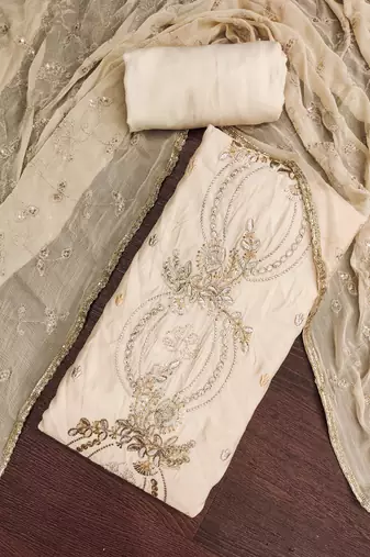 white unstitched thread embroidery handwork with embroidered dupatta silk blend dress material