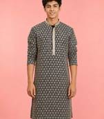 Boy's black rayon embroidered knee length kurta