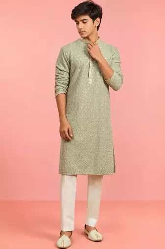 Boy's light green rayon embroidered knee length kurta