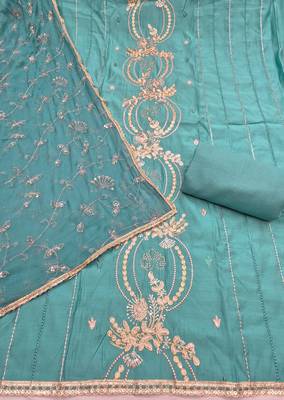sea green unstitched thread embroidery handwork with embroidered dupatta silk blend dress material 2