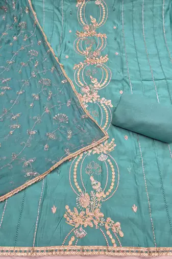 sea green unstitched thread embroidery handwork with embroidered dupatta silk blend dress material